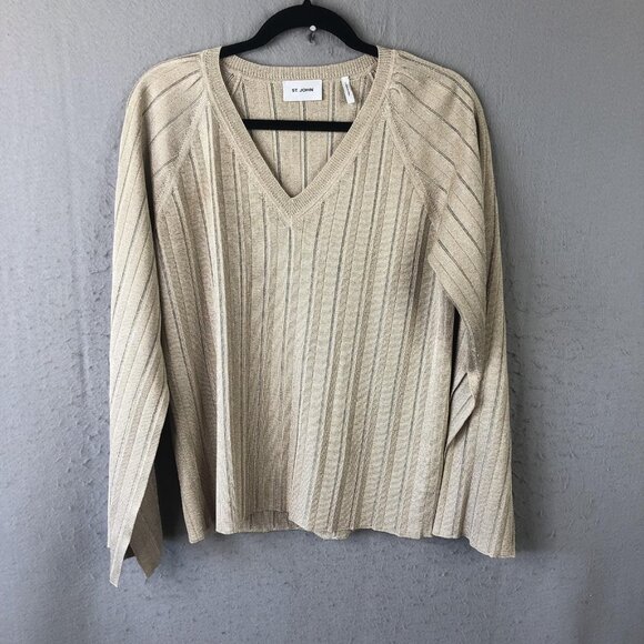 St. John Sweater Womens Large Gold Metallic V Neck Ribbed Knit Long Sleeve - Picture 1 of 16